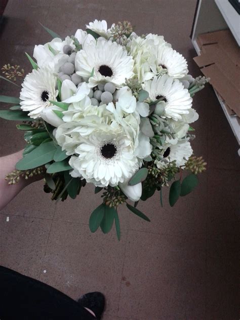 White And Grey Wedding Bouquet With Tulips Berries And Gerbs Wedding