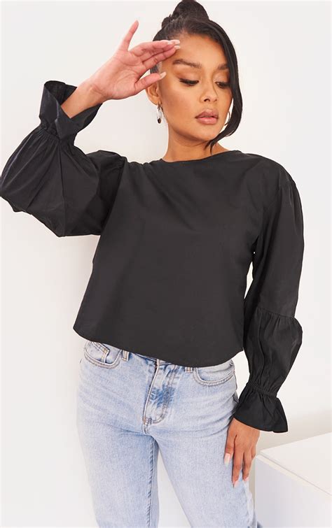 Black Woven Puff Sleeve Blouse Tops Prettylittlething Aus