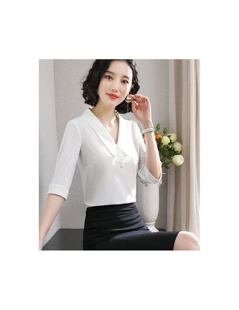 2019 New Korean Office Lace Shirt Fashion V Collar White Blouse Solid Color Elegant Women