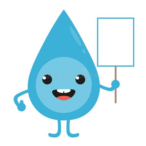 Cartoon Water Drop Character With Blank Sign In Hand Stock