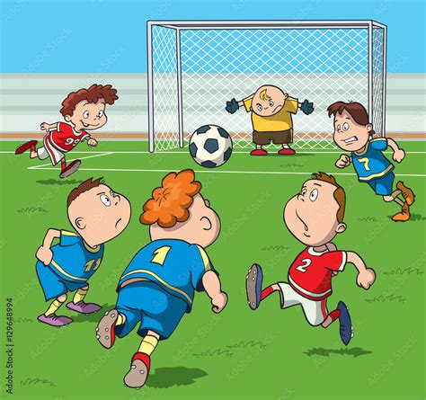 Kids Playing Football In The Stadium Cartoon Vector Illustration Stock