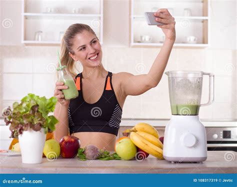 Girl Taking Selfie With Fresh Smoothie Stock Image Image Of
