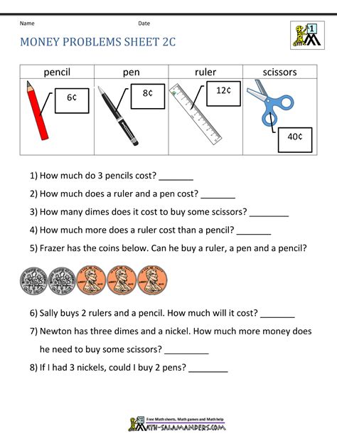 Students write a or an to complete the sentences. Money Worksheets for First Grade
