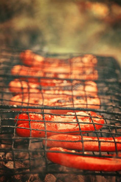 Sausages Cooking On Grill Grid Served. Stock Photo - Image of barbq, glowing: 181443934
