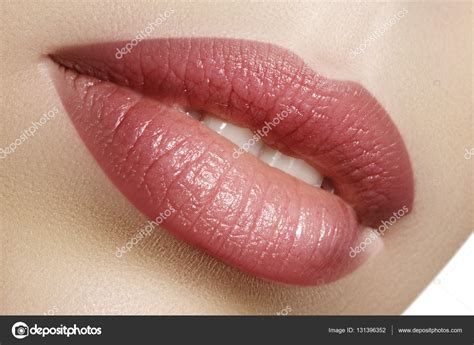 Perfect Natural Lip Makeup Close Up Macro Photo With Beautiful Female