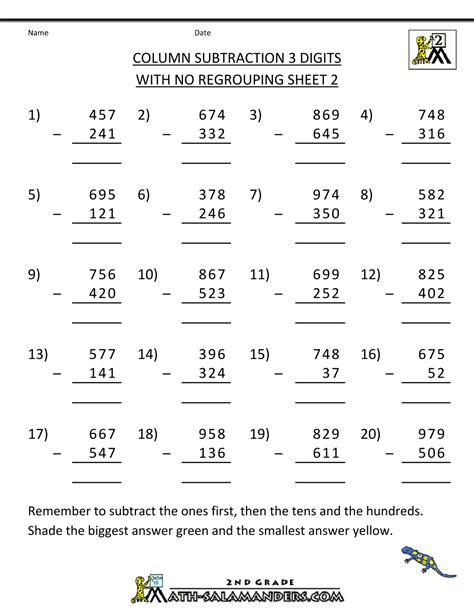 3 Digit Subtraction No Regrouping Worksheets