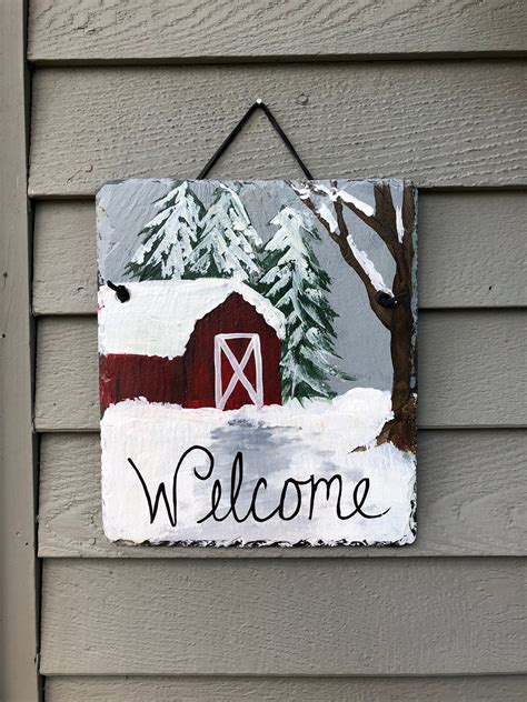 Winter Welcome Sign Painted Slate Welcome Sign Winter Door Etsy