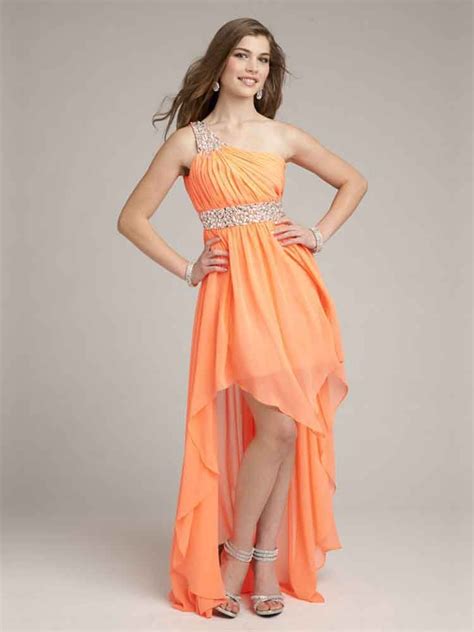 A Line One Shoulder Chiffon Asymmetrical Orange Rhinestone Prom Dresses