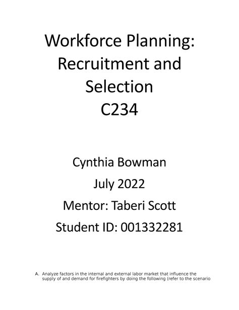 Workforce Planning Recruitment And Selection C234 Task 1 Workforce