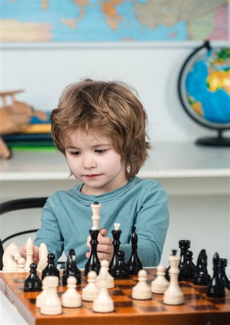 Kids Chess School Concentrated Boy Developing Chess Strategy Playing