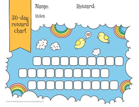 There is a huge variety available in sticker charts for you to try and you can download these charts for free. Rainbow & sky 30-day reward chart for kids - Free printable downloads from ChoreTell