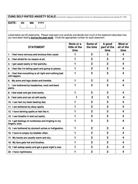 Zung Self Rated Anxiety Scale Fill And Sign Printable Template Online