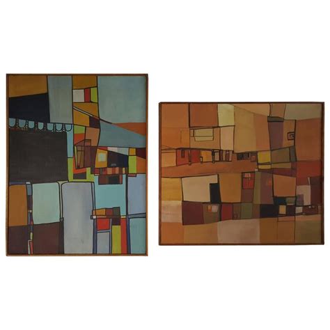 Mid Century Modern Abstract Constructivism Oil Paintings