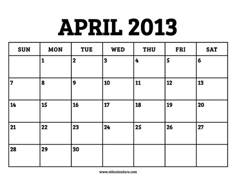 Calendar April 2013 Printable Old Calendars