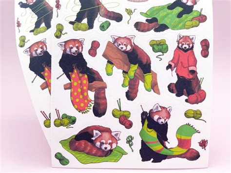 Knitting Red Pandas Sticker Sheet Cute Red Panda Stickers Etsy