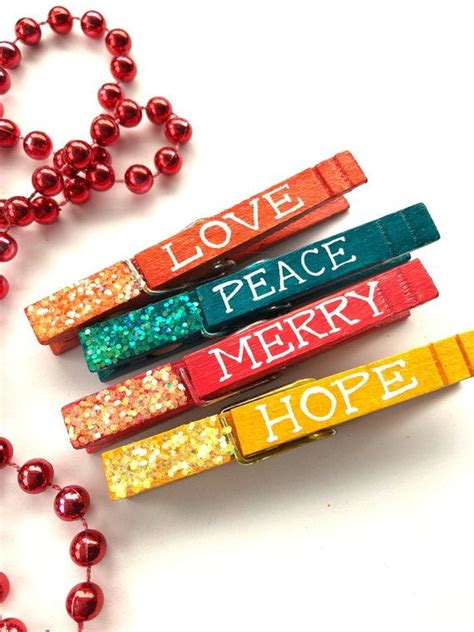 Glitter Clothespins Peace Love Hope Merry Hand Painted Etsy Christmas Clothespins Glitter
