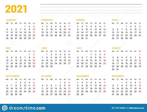 Calendar Template For 2021 Year Business Monthly Planner Stationery