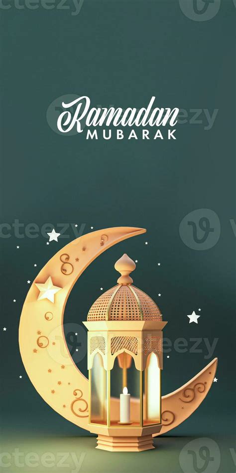 Ramadan Mubarak Banner 3d Render Golden Crescent Moon With Illuminated