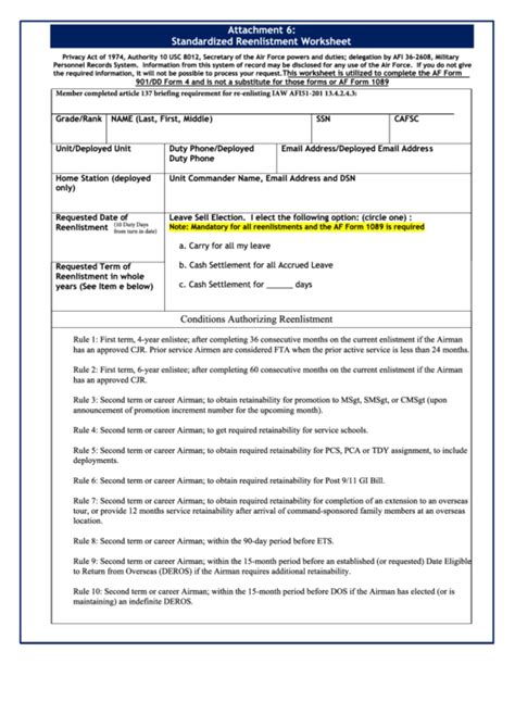 Fillable Air Force Form Attachment Standardized Reenlistment Worksheet Printable Pdf