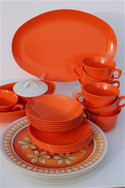 Vintage Melmac Dinnerware Set 60s Retro Tangerine Orange And Gold