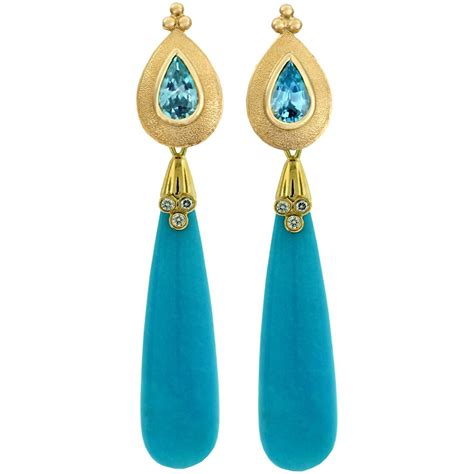 Crevoshay Handmade Zircon Turquoise Diamond Gold Earrings