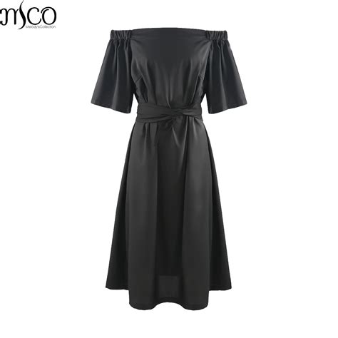 Mco 2018 Summer Sexy Off Shoulder Plus Size Midi Dress Elegant Tie Waist Oversize Black Dresses