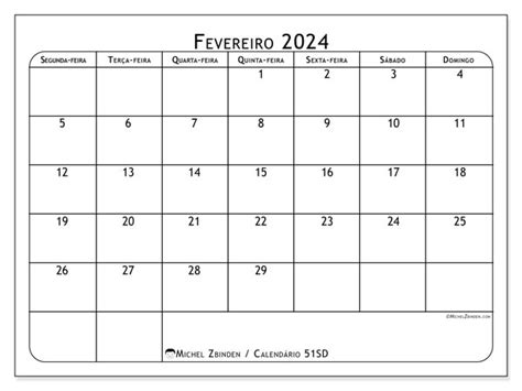 Calendário De Fevereiro De 2024 Para Imprimir “502sd” Michel Zbinden Mo