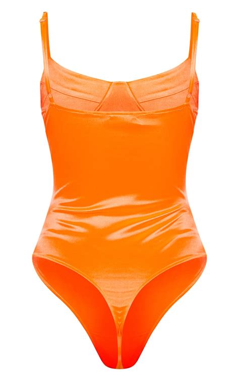 Neon Orange Stretch Satin Cup Bodysuit Tops Prettylittlething Ca