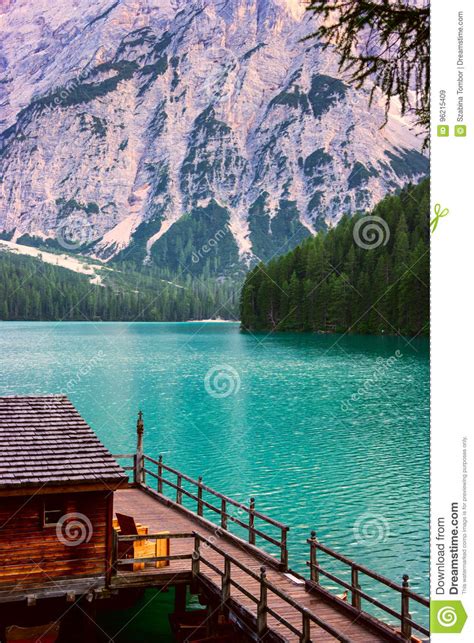 The Boathouse At Lake Braies In Dolomites Mountains Stock Image Image