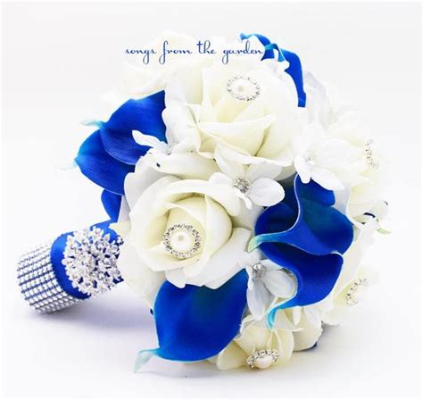 Navy blue gold rose calla lily. Royal Blue & White Bridal Bouquet Roses Calla Lilies