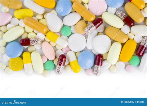 Colorful Pill Capsules And Tablets With Copy Space Stock Photo Image