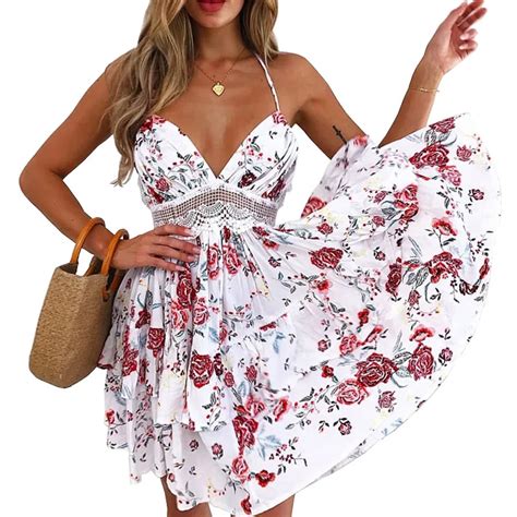 Summer Beach Dresses Women Sexy Backless V Neck Mini Floral Dress Lace Insert Empire Cotton