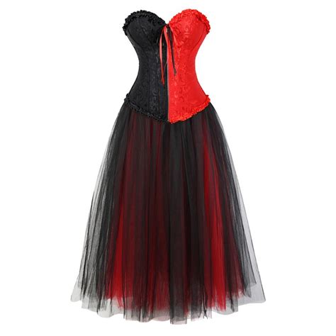 red and black corset costume zipper front bustier corset dress long with skirt set burlesque