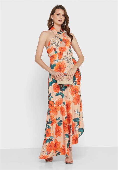 Buy Ella Multicolor Criss Cross Halter Neck Side Slit Printed Dress For