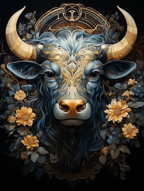 Premium Ai Image There Is A Bull With Horns And Flowers On A Black