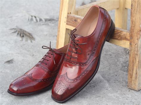 Stylish Handmade Mens Burgundy Wing Tip Brogue Leather Shoes Men