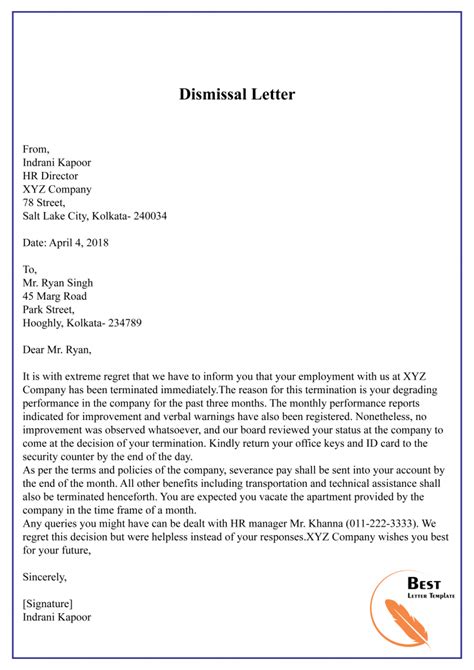 Termination Dismissal Letter Template Format Sample And Example