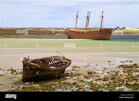 nineteenth century sailing ship background wrecked near port stanley falkland islands stock