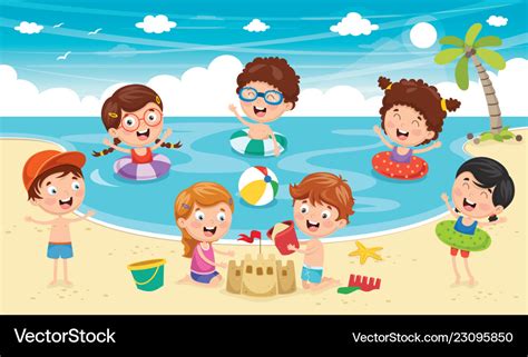 Of Kids Playing At Beach And Se Royalty Free Vector Image