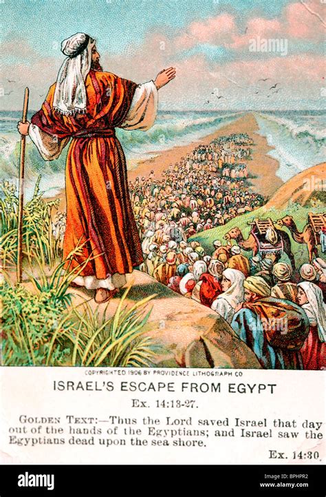 Old Bible Card Depicting The Israelites Exodus From Egypt Stock Photo