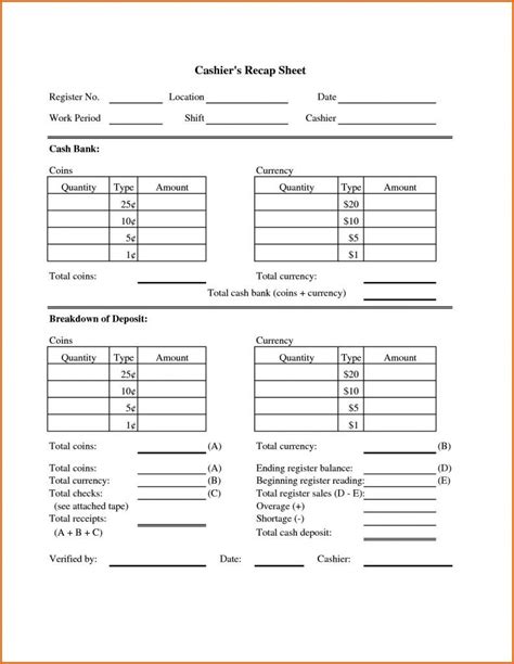 Add functionality to take payment and calculate correct change. cash register till balance shift sheet in out template - Google Search | Balance sheet template ...