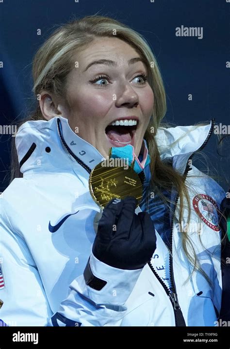 Gold Medalist American Mikaela Shiffrin Celebrates During The Medal Ceremony For The Ladies