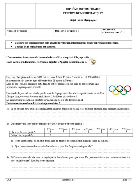 Sujet Et Grille CCF Probabilites Jeux Olympiques | Athlétisme | Probabilité