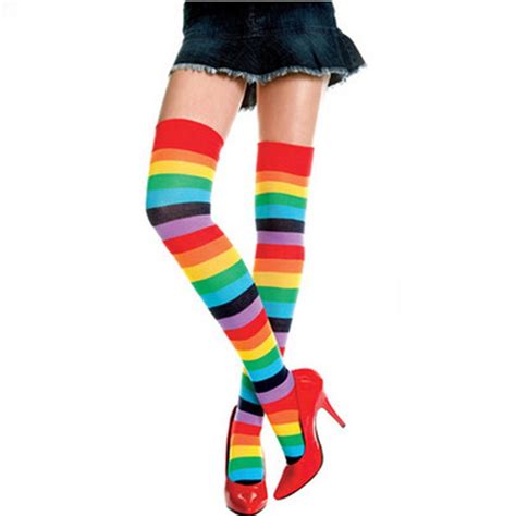 Female Stockings Cute Rainbow Striped Thigh High Stockings For Women