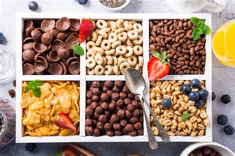 Various Breakfast Cereals On Line Buffet In Hotel Stock Photo Image