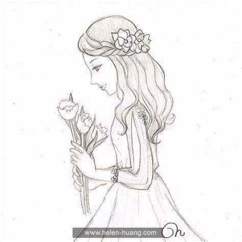 Helen Huang Sketch Girl Holding Flowers Girl Drawing Sketches Art