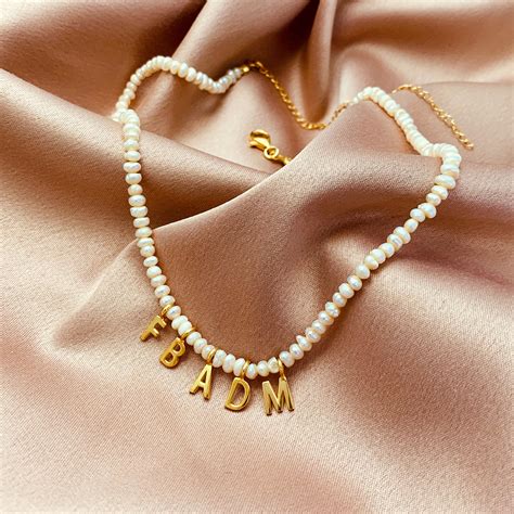 Name Necklace With Organic Pearls Gold Electroplated