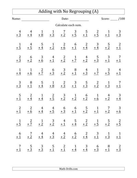 100 Single Digit Addition Questions With No Regrouping A