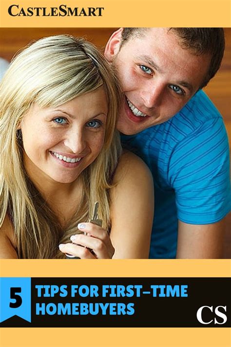 a man and woman smiling for the camera with text that reads 5 tips for first time homebuyers