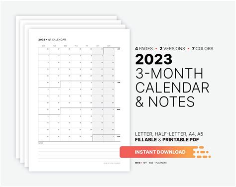 2023 3 Month Calendar Notes Printable At A Glance Quarterly Action